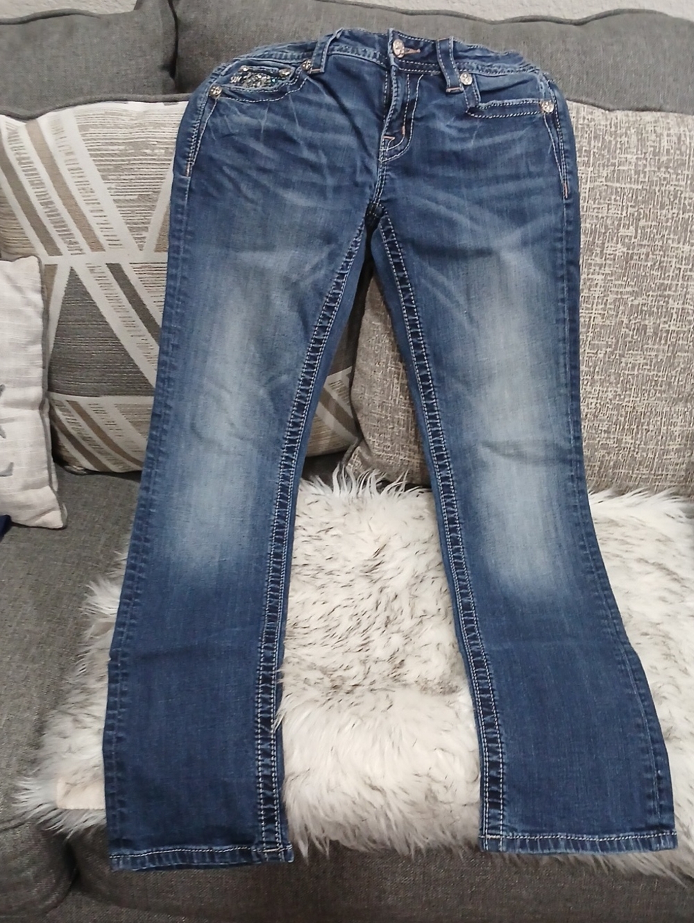 Miss Me Dark Blue Bootcut Jeans with Fading